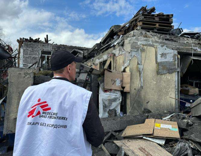 MSF staff survey damage on a facility in Pokrovsk.